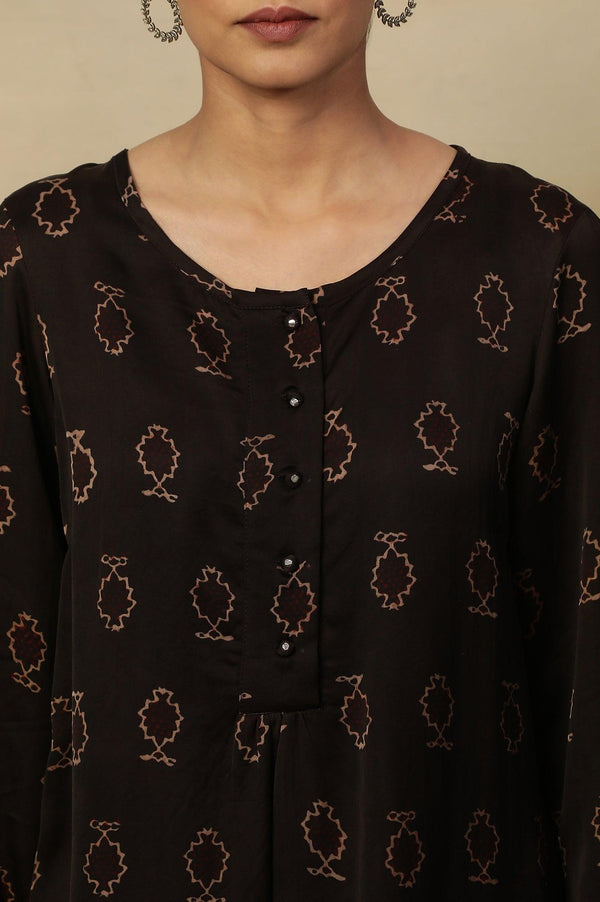 Black Ajrakh Print Long Top In Fluid Satin