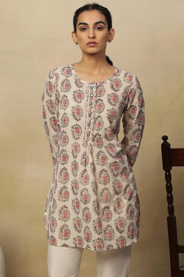 Ecru Block Print Round Neck Top In Cotton Voile