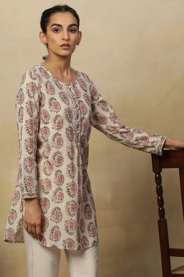 Ecru Block Print Round Neck Top In Cotton Voile