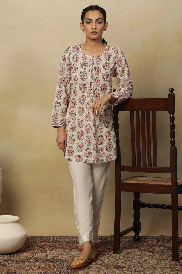 Ecru Block Print Round Neck Top In Cotton Voile