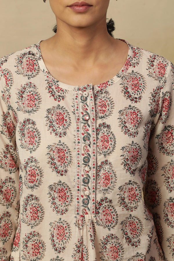 Ecru Block Print Round Neck Top In Cotton Voile
