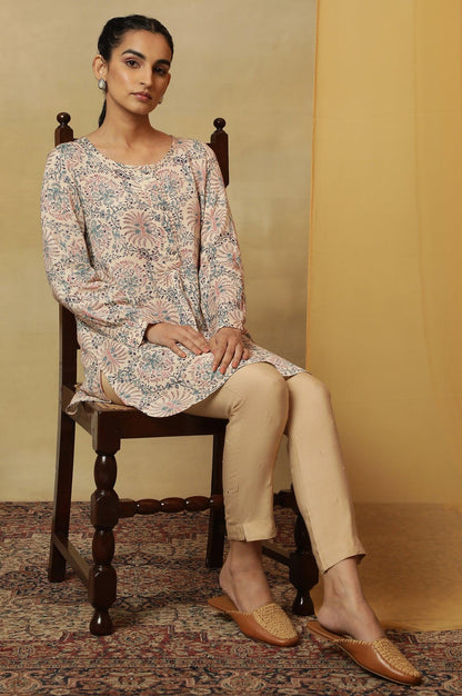 Pale Yellow Block Print Round Neck Top - wforwoman