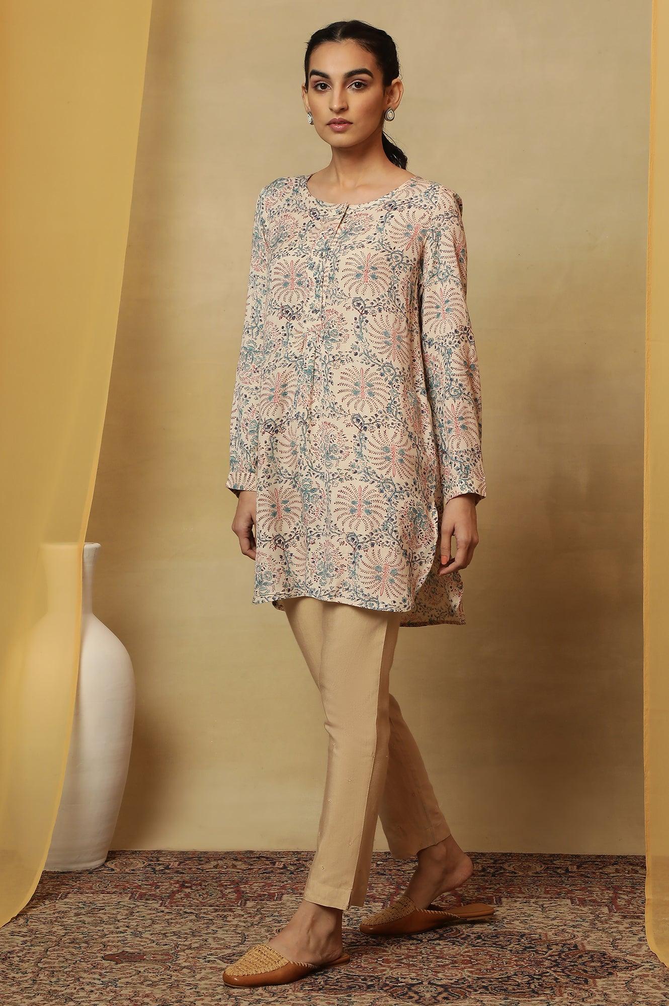 Pale Yellow Block Print Round Neck Top - wforwoman