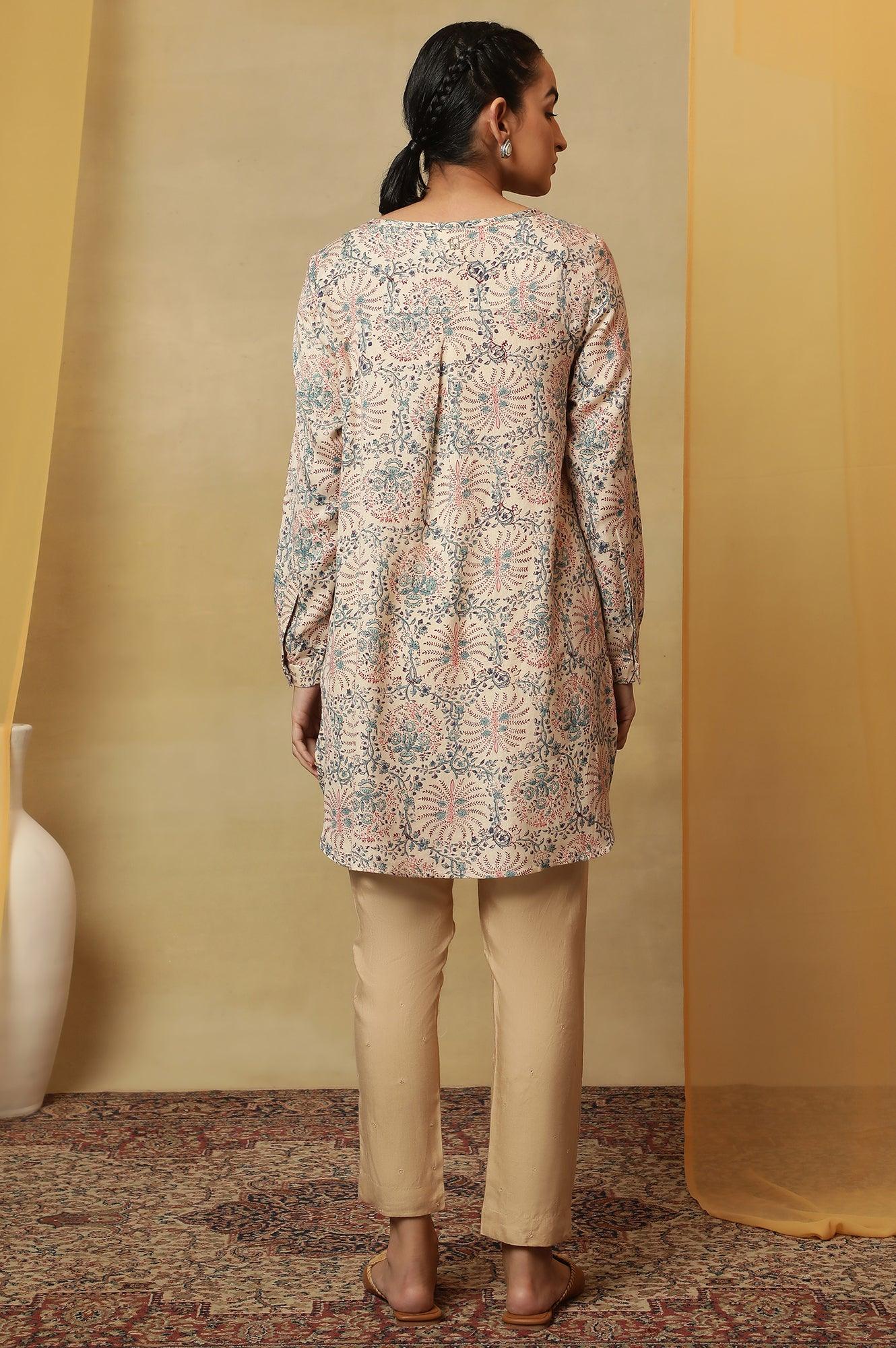 Pale Yellow Block Print Round Neck Top - wforwoman