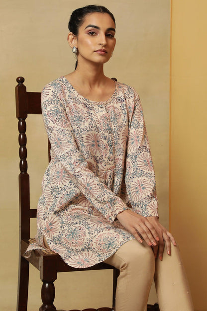 Pale Yellow Block Print Round Neck Top - wforwoman