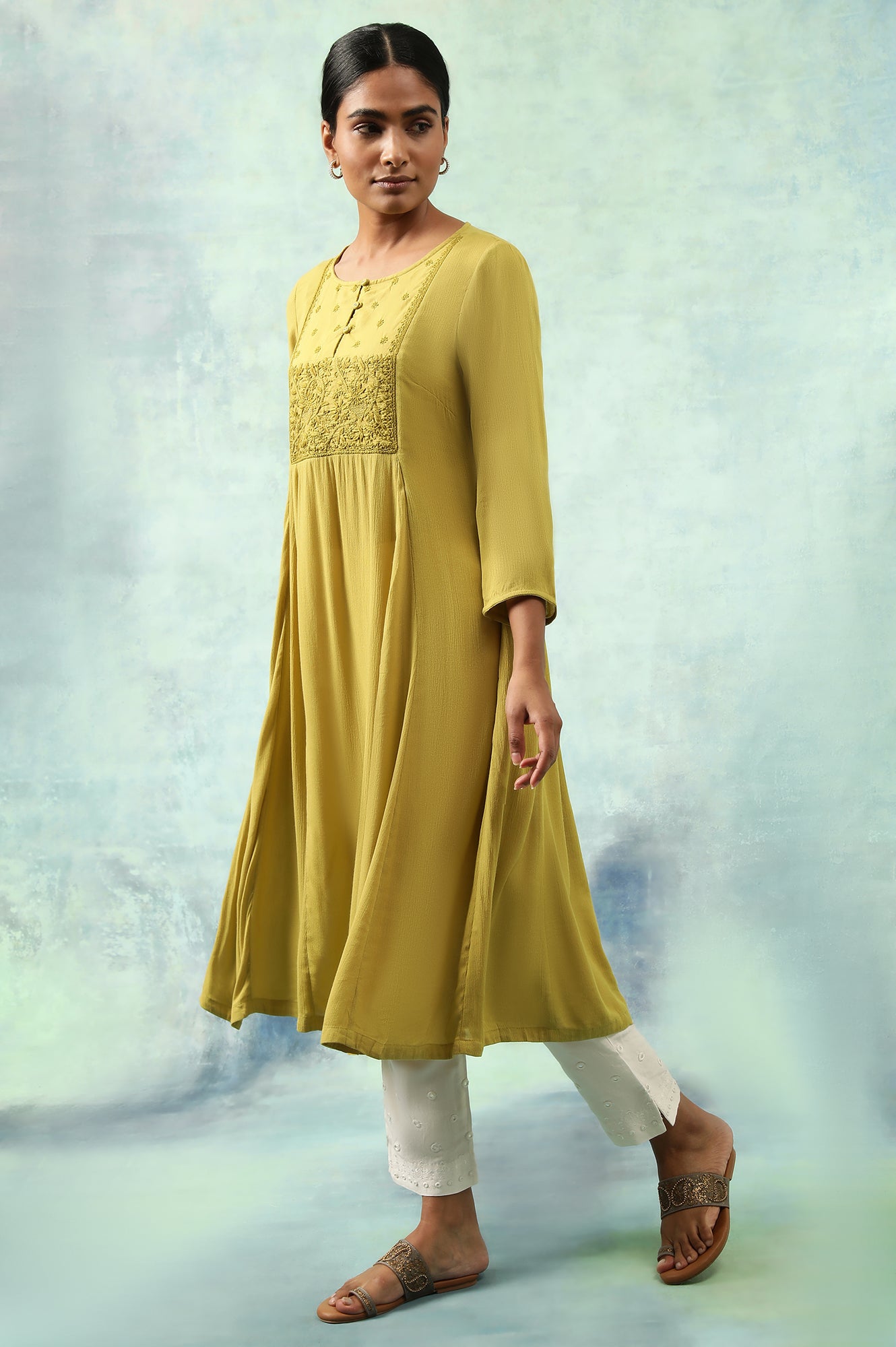 Green Flared Chikankari kurta In Rayon Crepe