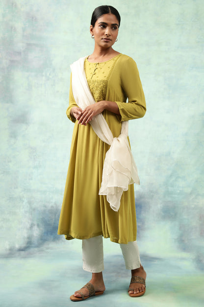 Green Flared Chikankari kurta In Rayon Crepe