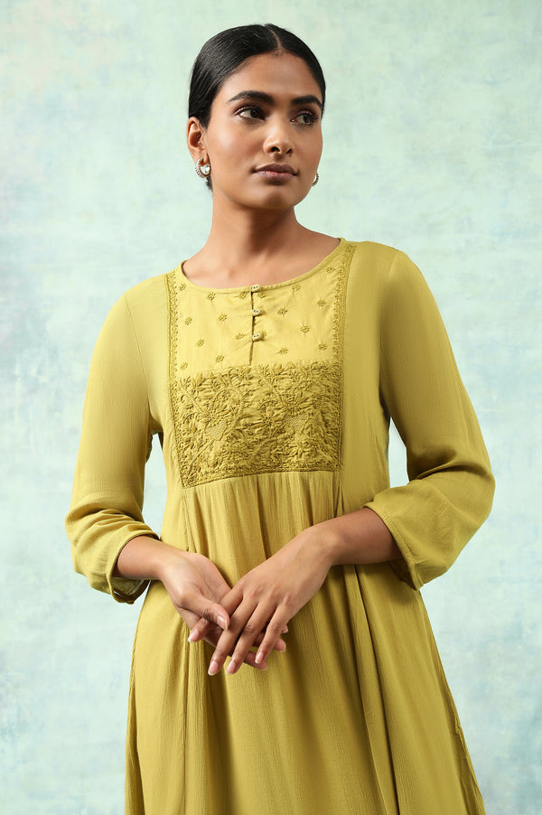 Green Flared Chikankari kurta In Rayon Crepe
