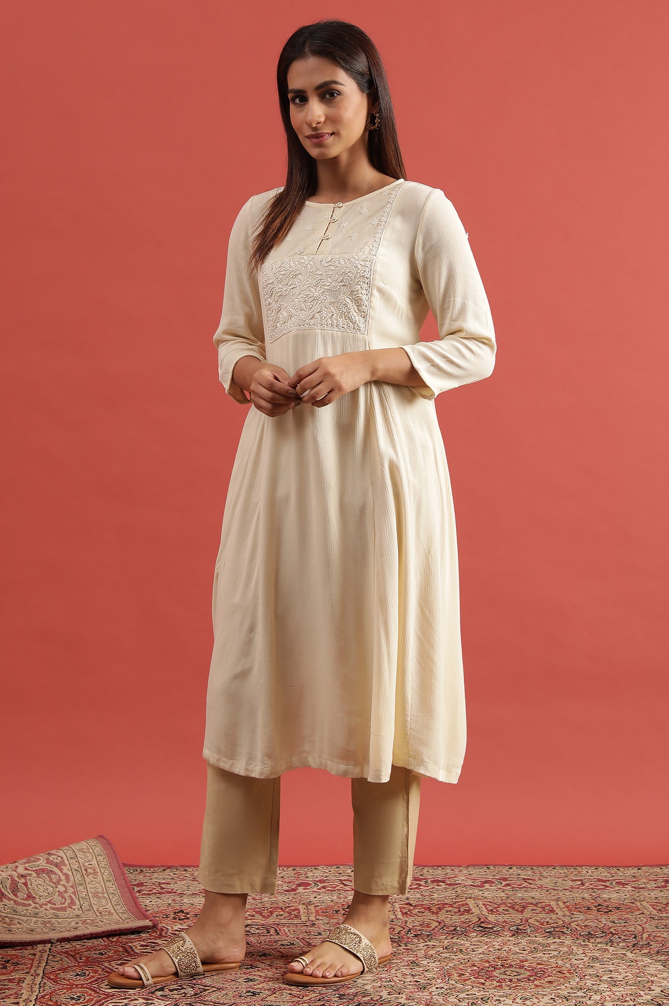 Creme Flared Chikankari Kurta In Rayon Crepe