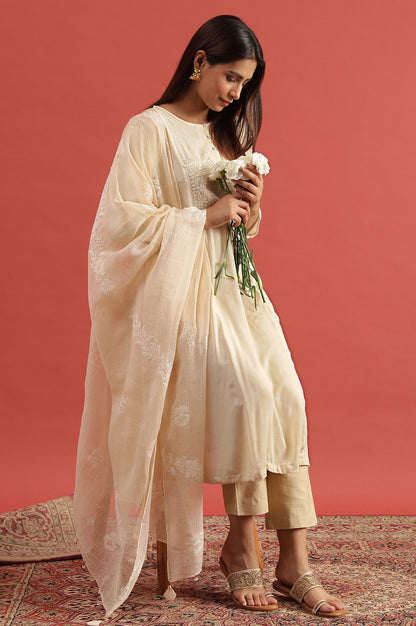 Creme Flared Chikankari Kurta In Rayon Crepe