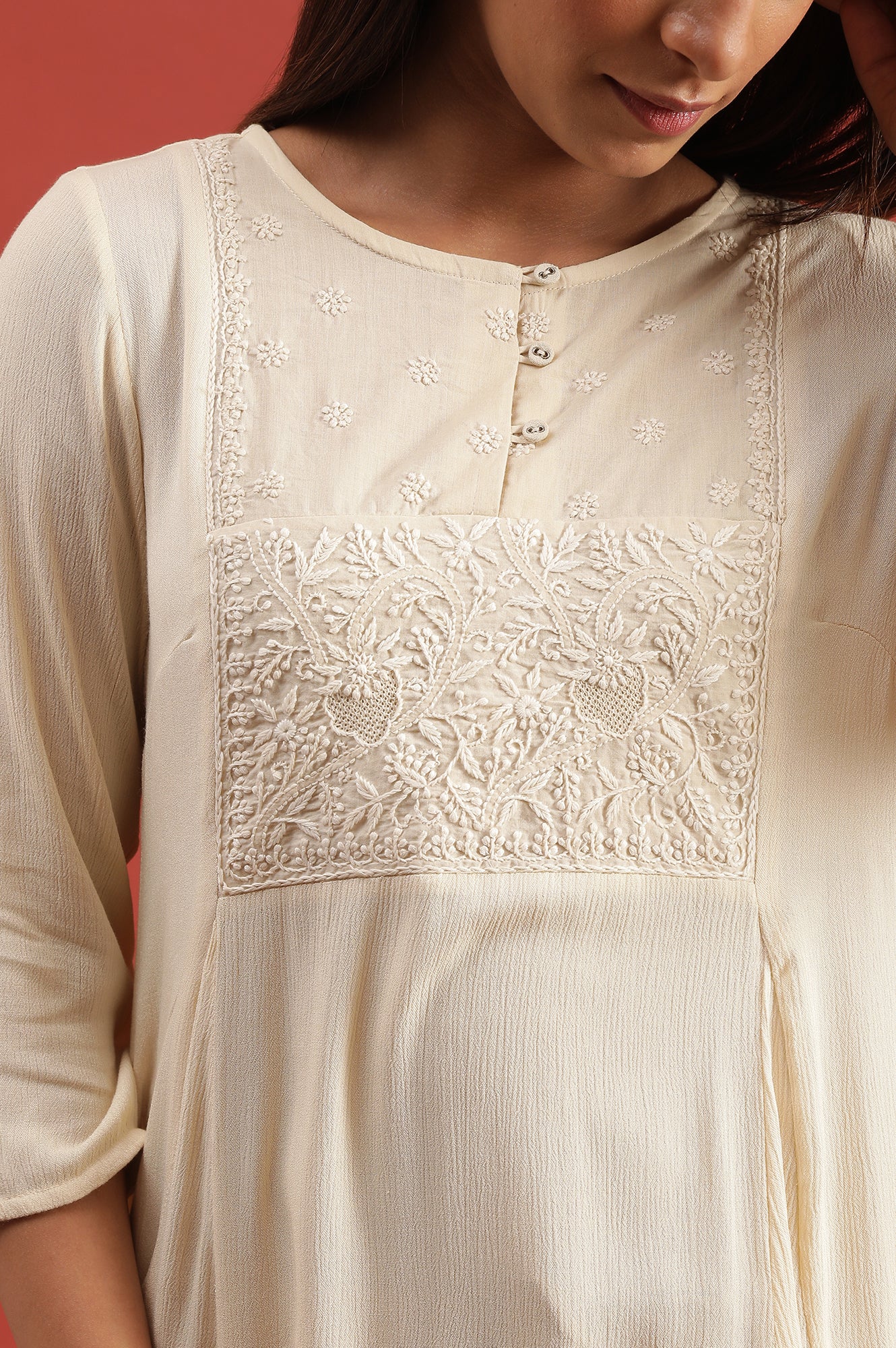 Creme Flared Chikankari Kurta In Rayon Crepe