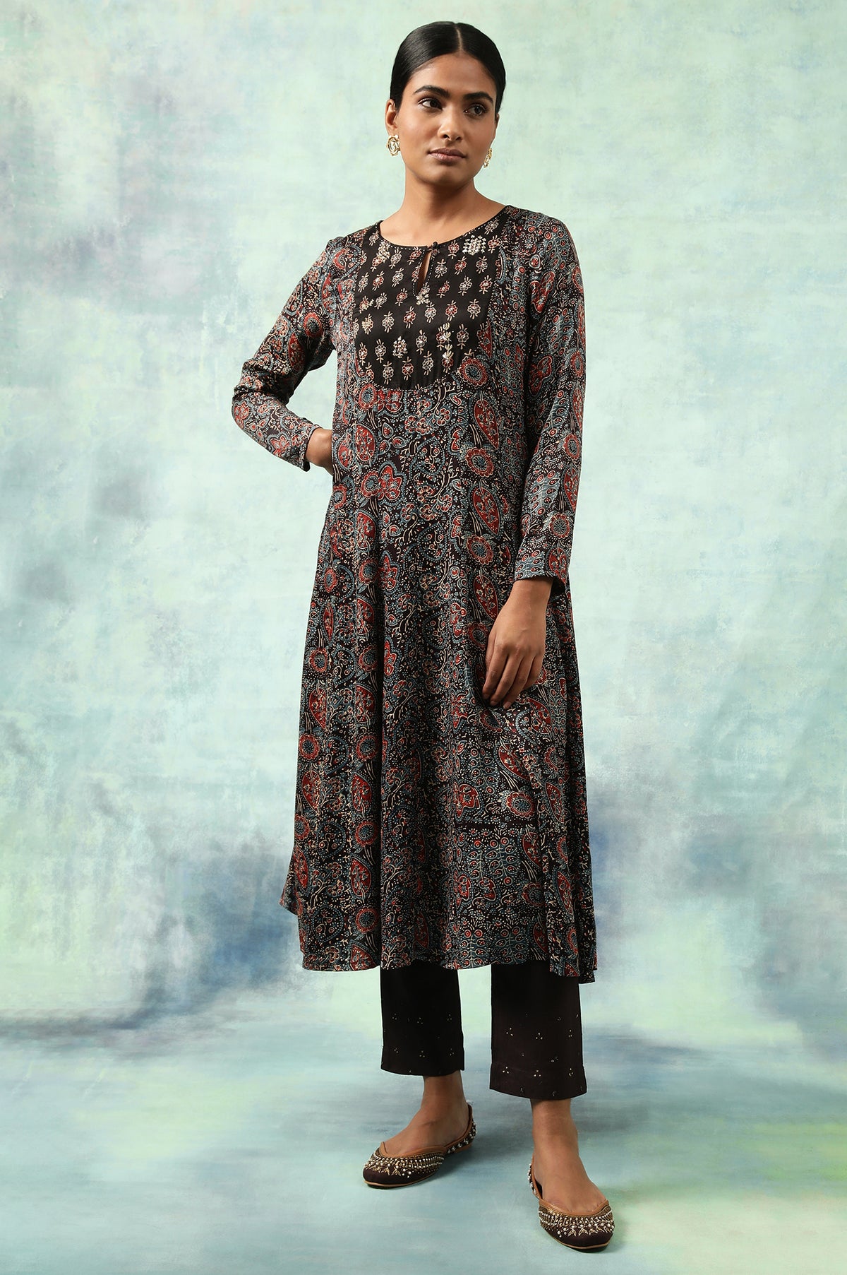 Dark Brown Ajrakh Printed Kalidar Kurta - XS