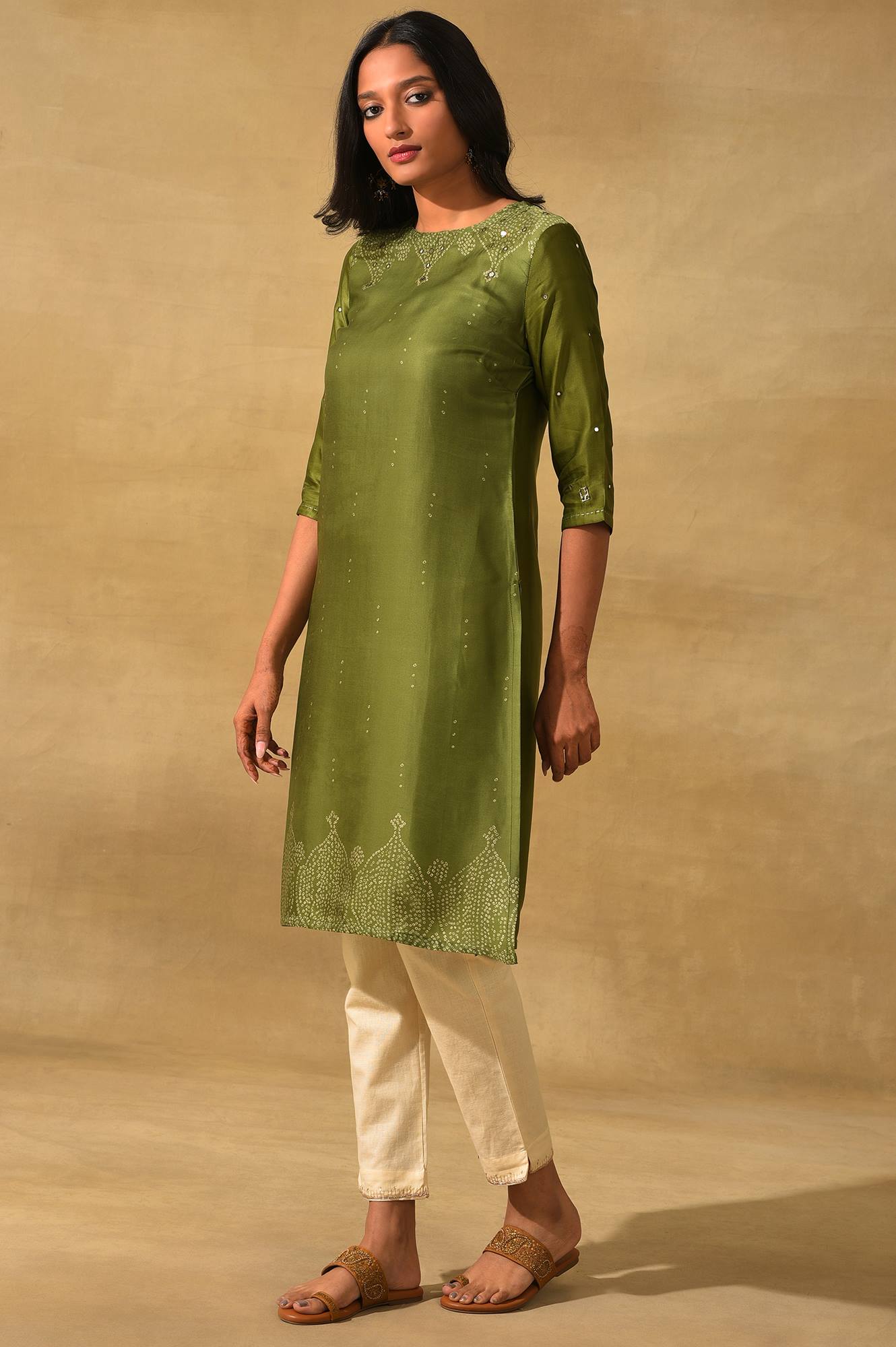 Olive Green Printed Straight kurta In Lustrous Satin