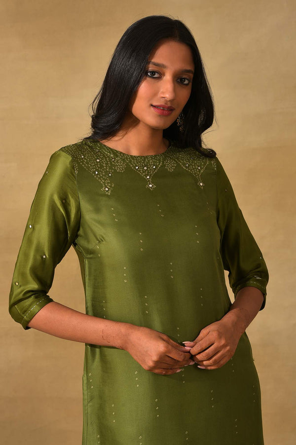 Olive Green Printed Straight kurta In Lustrous Satin