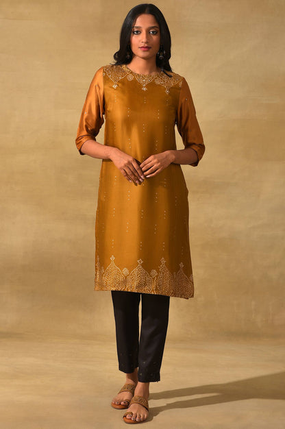 Mustard Printed Straight kurta In Lustrous Satin