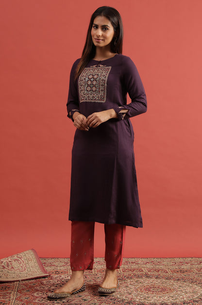 Purple Embroidered Rayon Flax Kurta