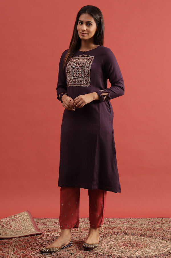 Purple Embroidered Rayon Flax Kurta