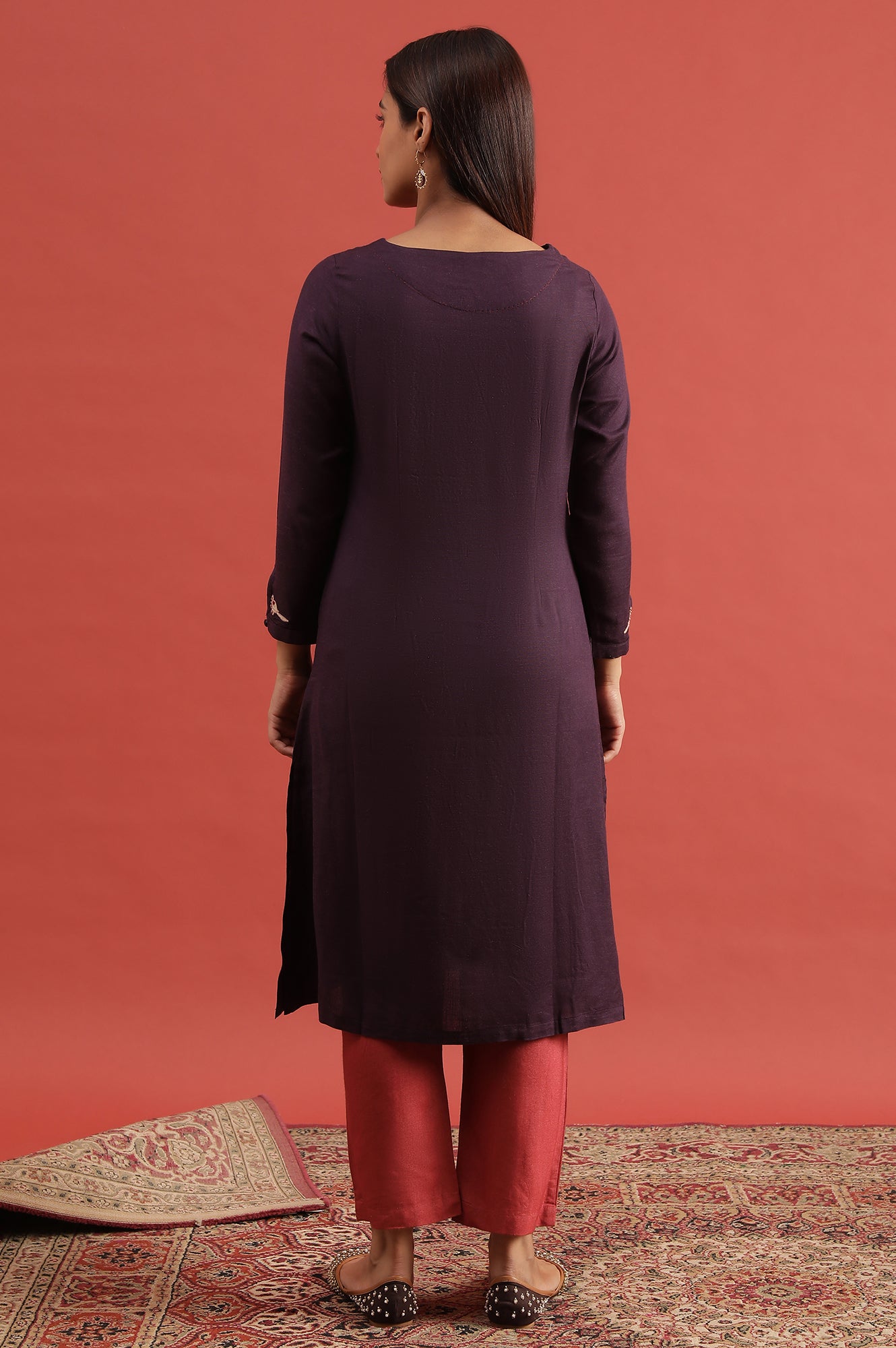 Purple Embroidered Rayon Flax Kurta