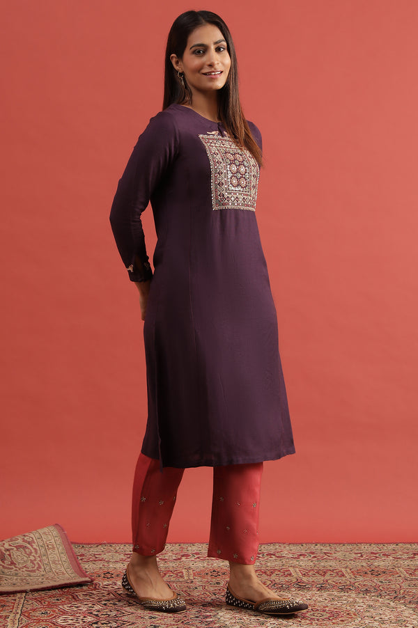Purple Embroidered Rayon Flax Kurta