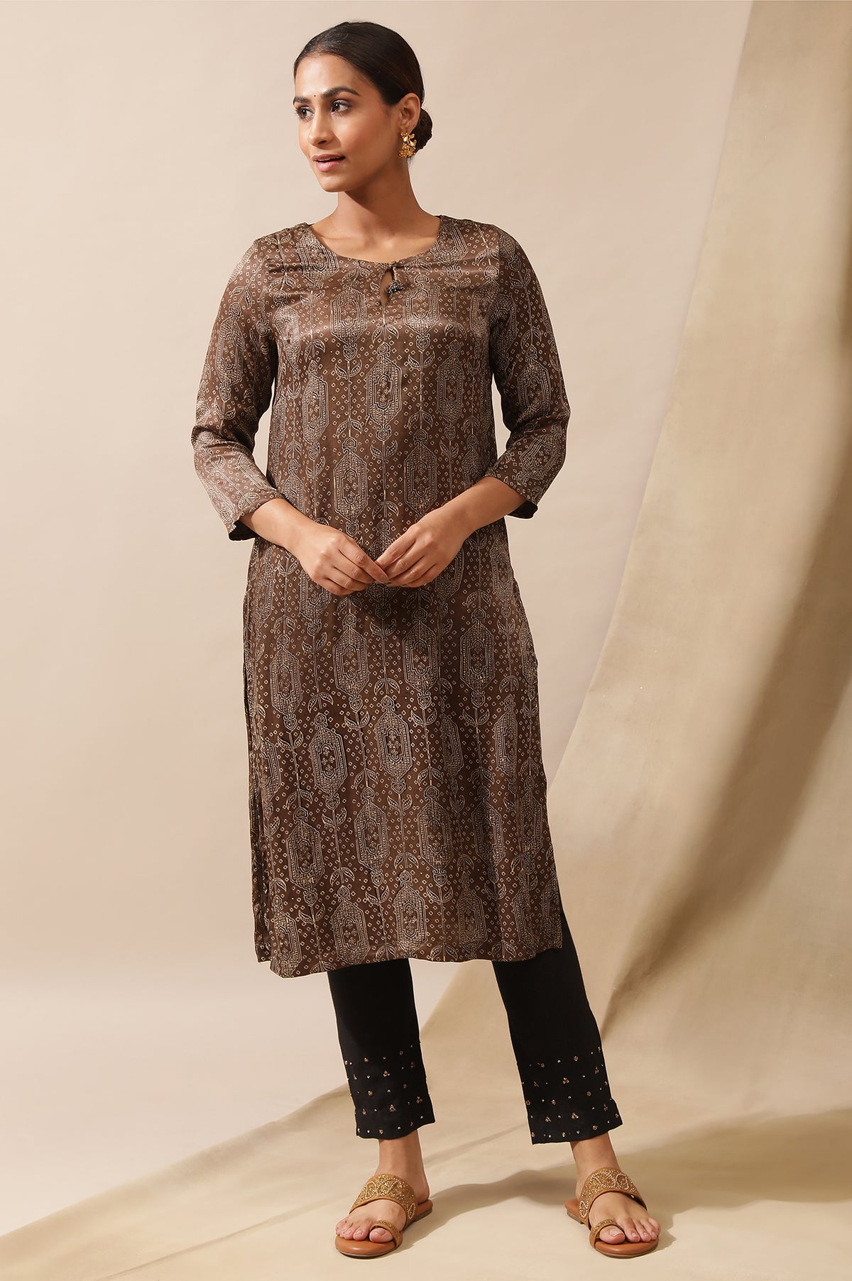 Khakhi Ajrakh Print Kurta In Lustrous Satin - XS