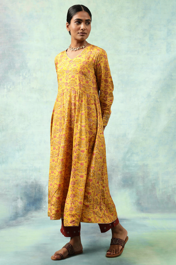 Yellow Hand Block Print Anarkali kurta