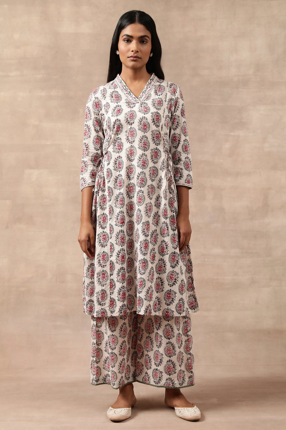 Ecru Hand Block Print A-Line kurta - XS