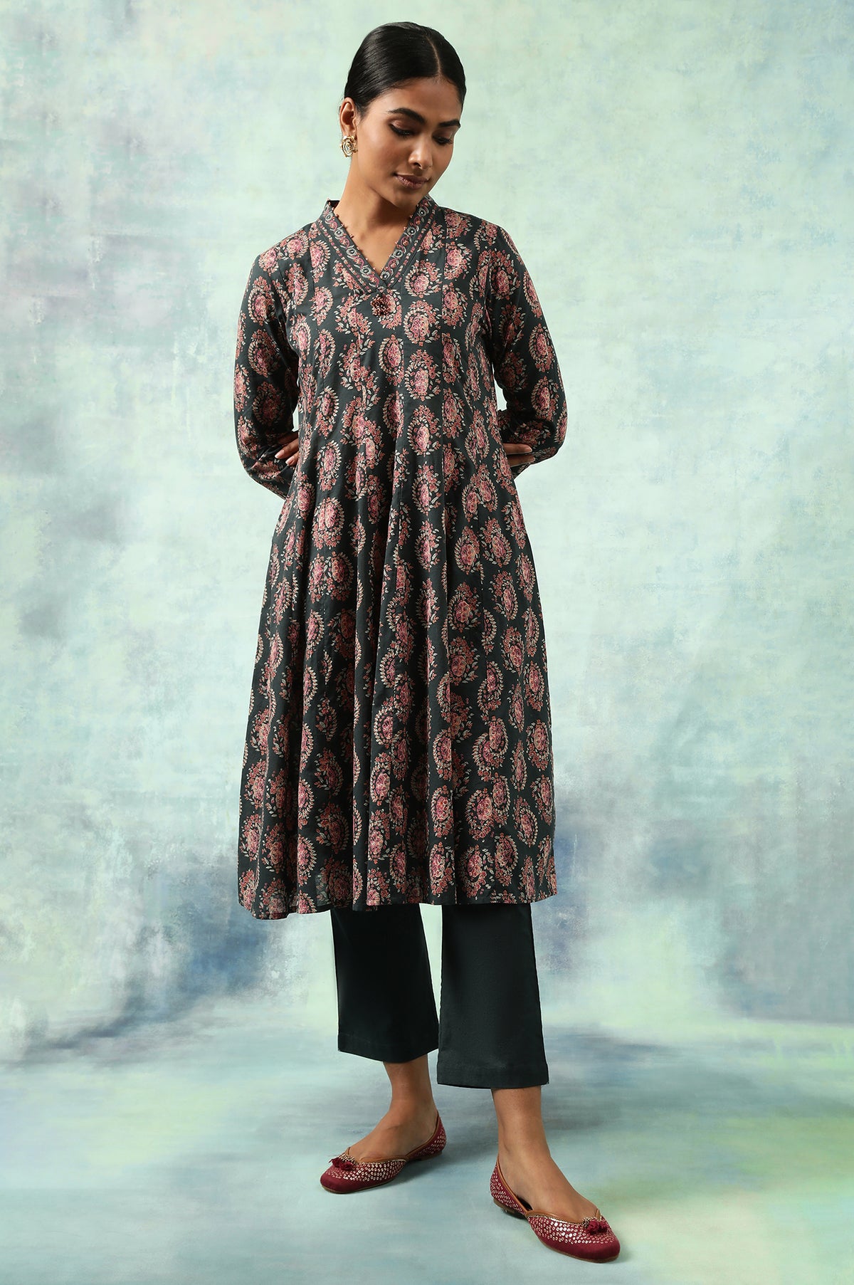 Dark Green Hand Block Print Flared kurta - XS