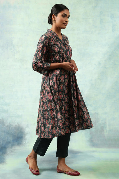 Dark Green Hand Block Print Flared kurta