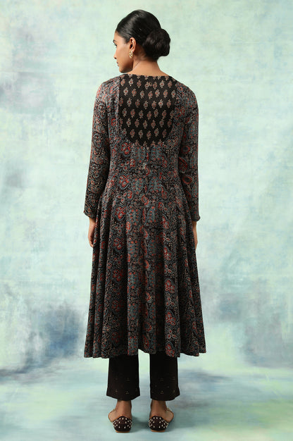 Dark Green Hand Block Print Flared kurta