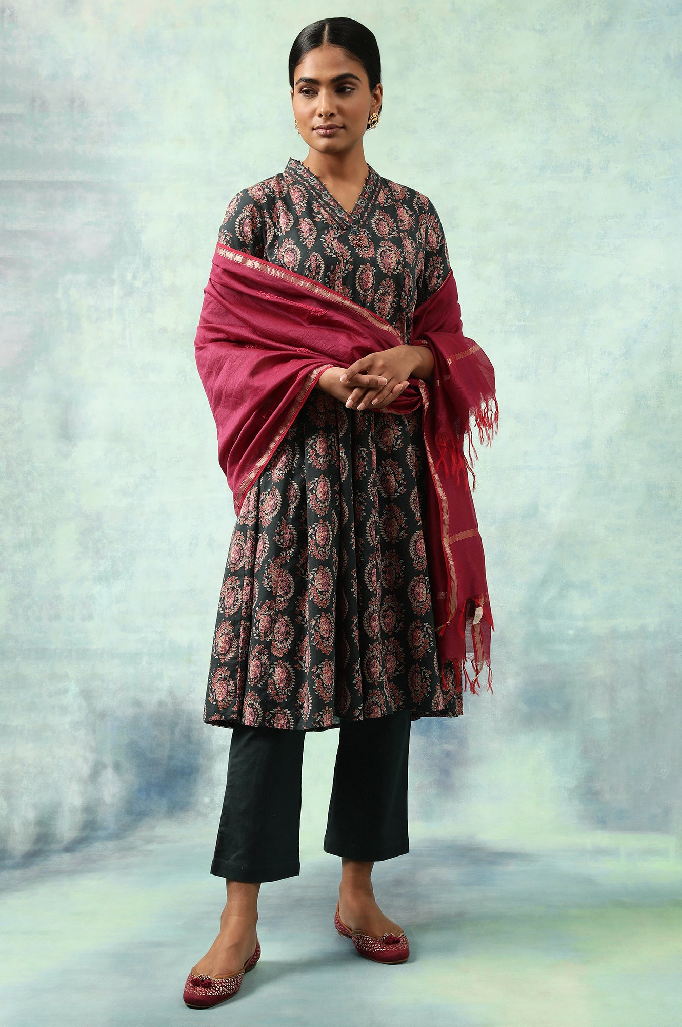 Dark Green Hand Block Print Flared kurta