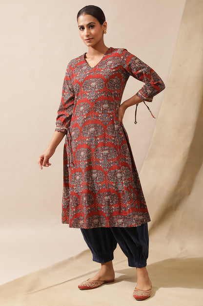 Red Hand Block Print Kurta In Cotton Slub