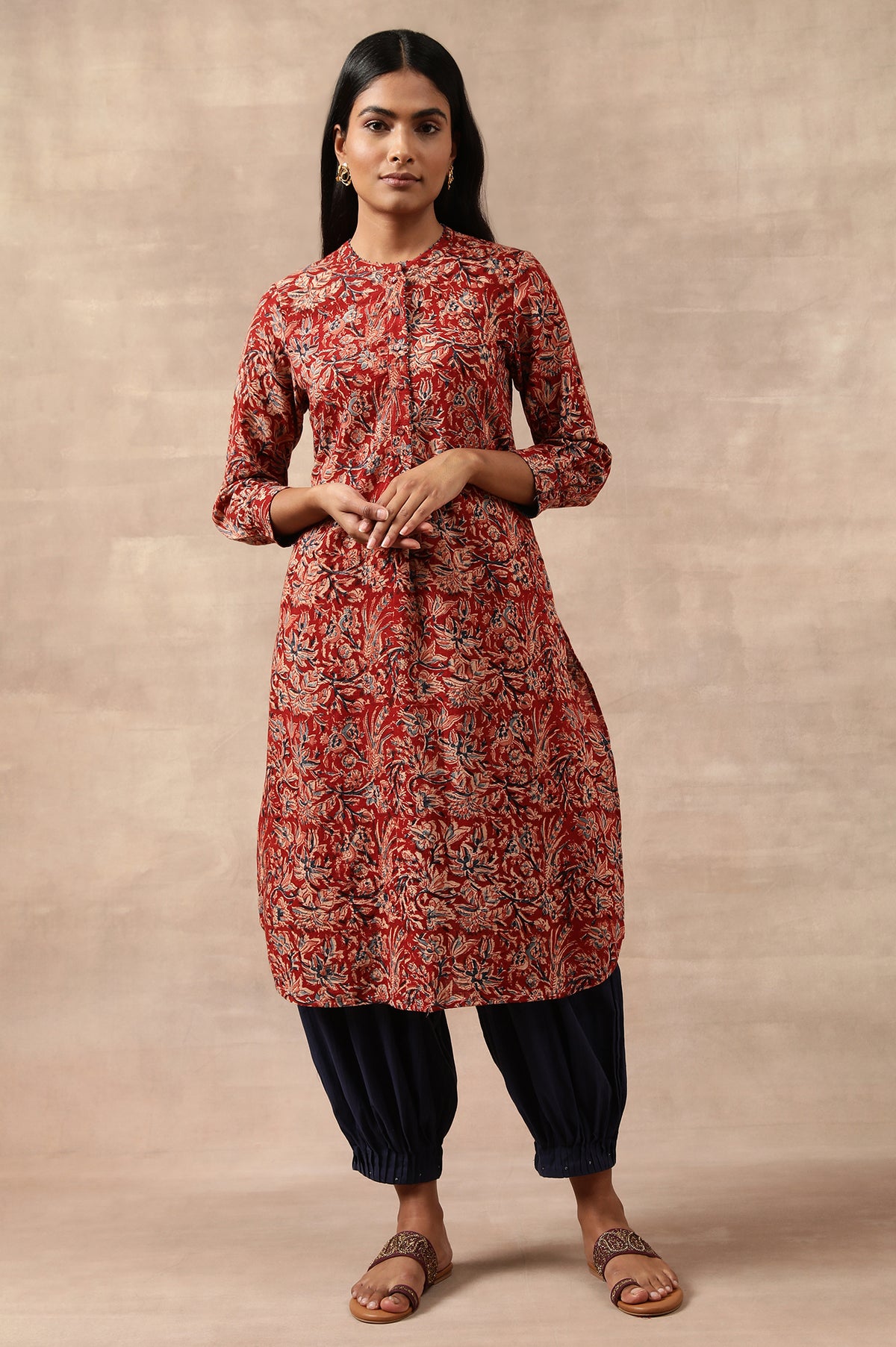 Red Kalamkari Print Shirtdress - XS