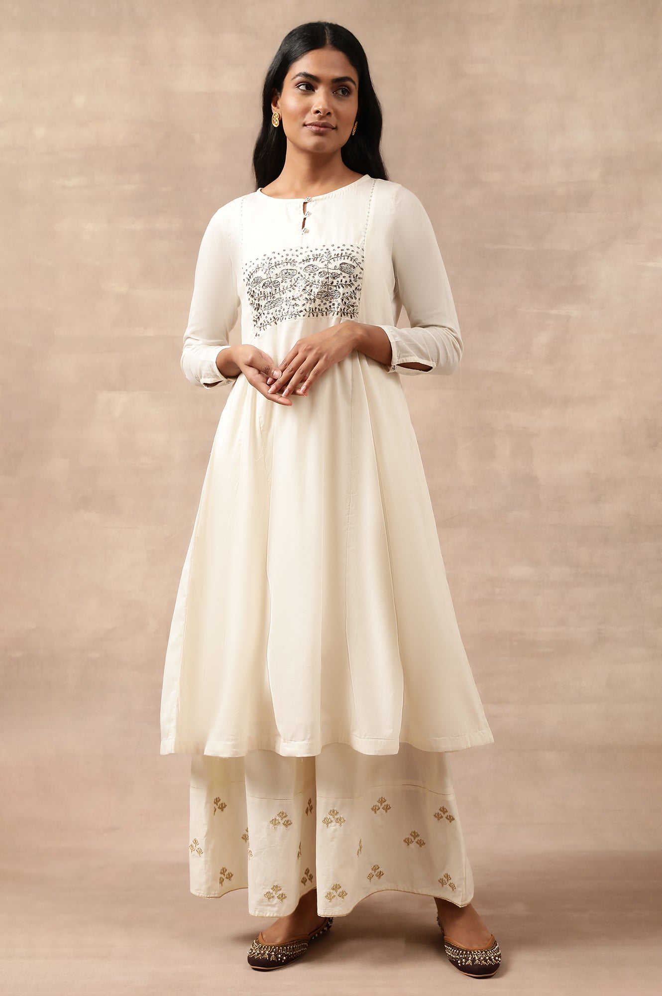 Ecru Cotton Voile Zardozi kurta