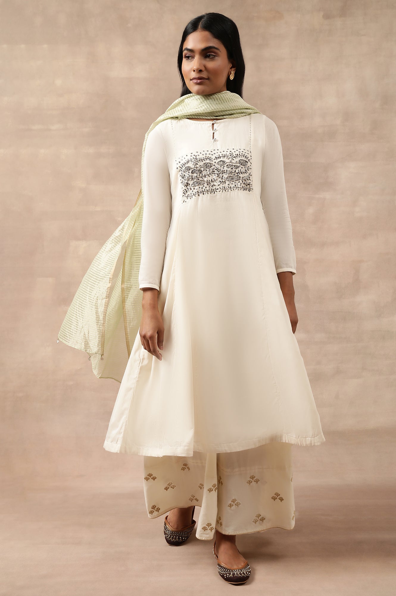 Ecru Cotton Voile Zardozi kurta