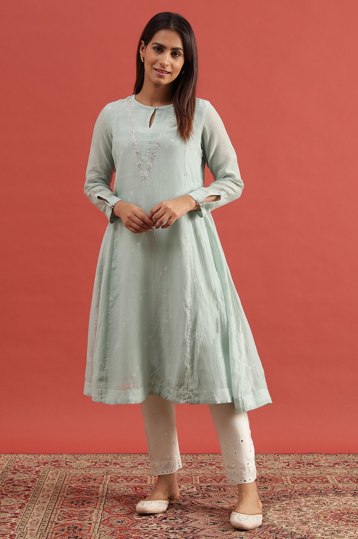 Light Blue Hand Block Print Flared Kurta - XS