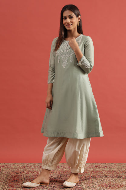 Light Green Chikankari Kurta In Cotton Silk
