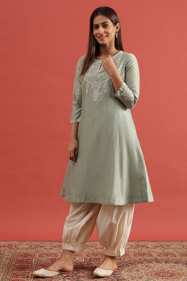 Light Green Chikankari Kurta In Cotton Silk