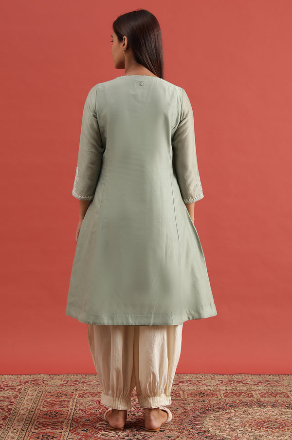 Light Green Chikankari Kurta In Cotton Silk