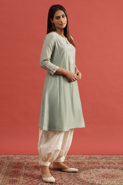Light Green Chikankari Kurta In Cotton Silk