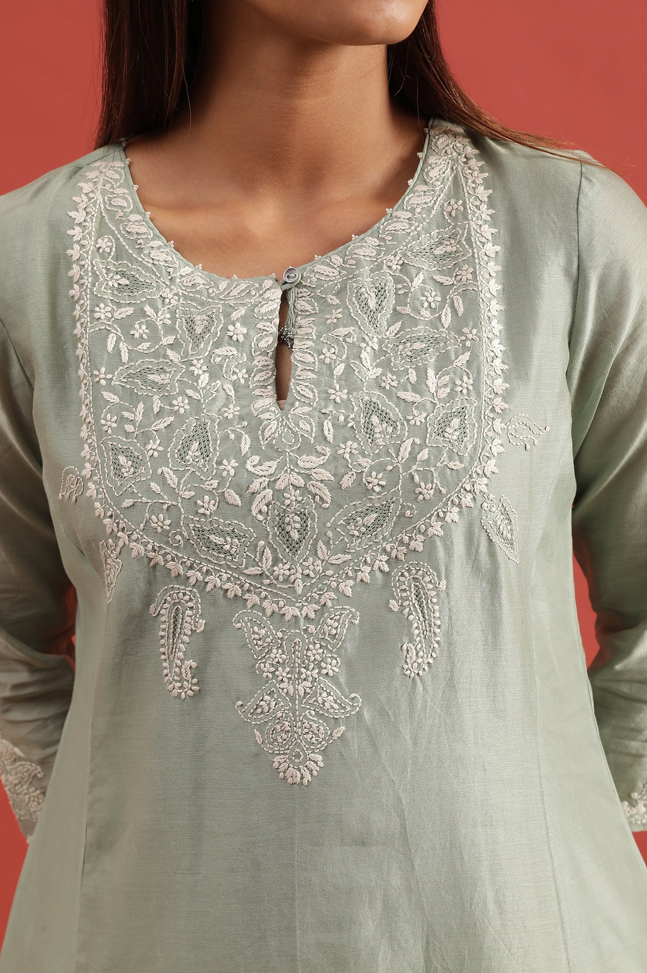 Light Green Chikankari Kurta In Cotton Silk