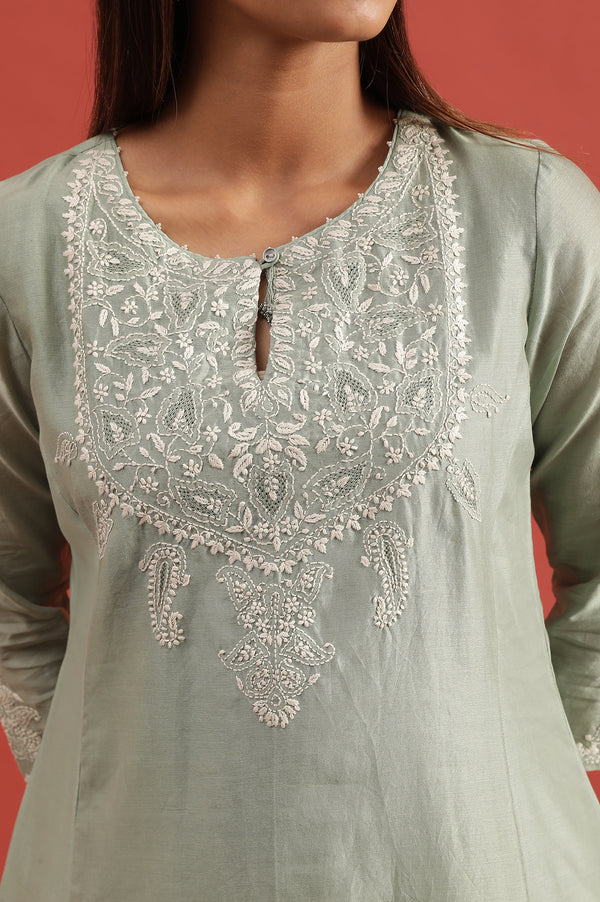 Light Green Chikankari Kurta In Cotton Silk