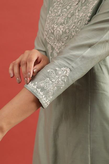 Light Green Chikankari Kurta In Cotton Silk
