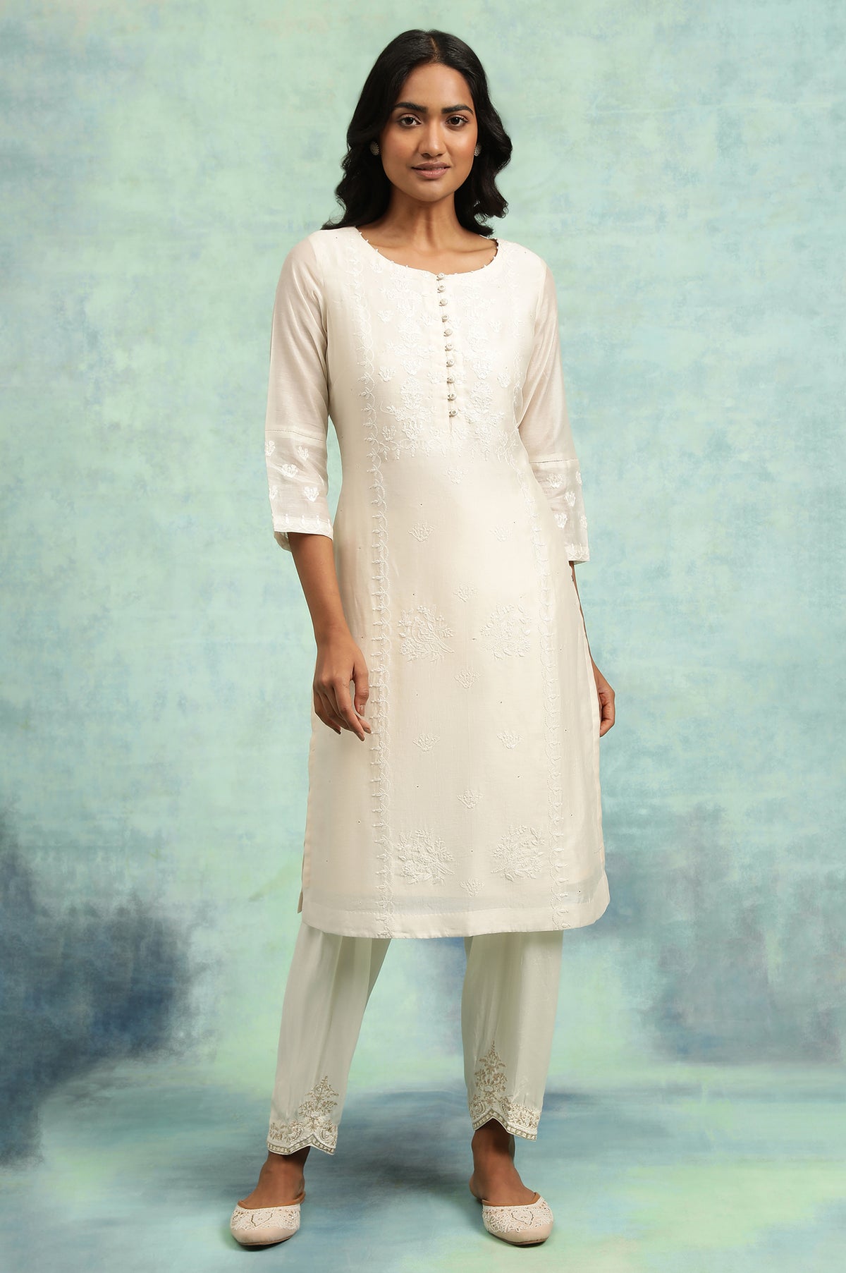 Ecru Cotton Silk Chikankari kurta - XS