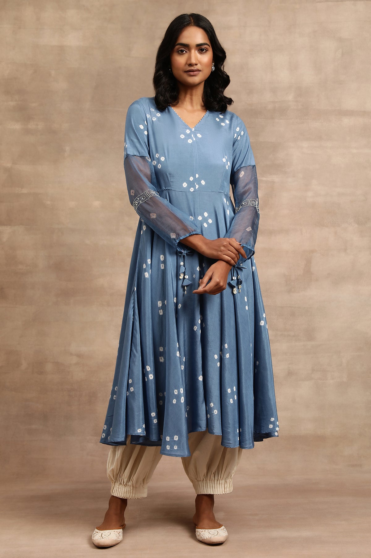 Indigo Hand Block Print Dress With Organza Sleeves - XS