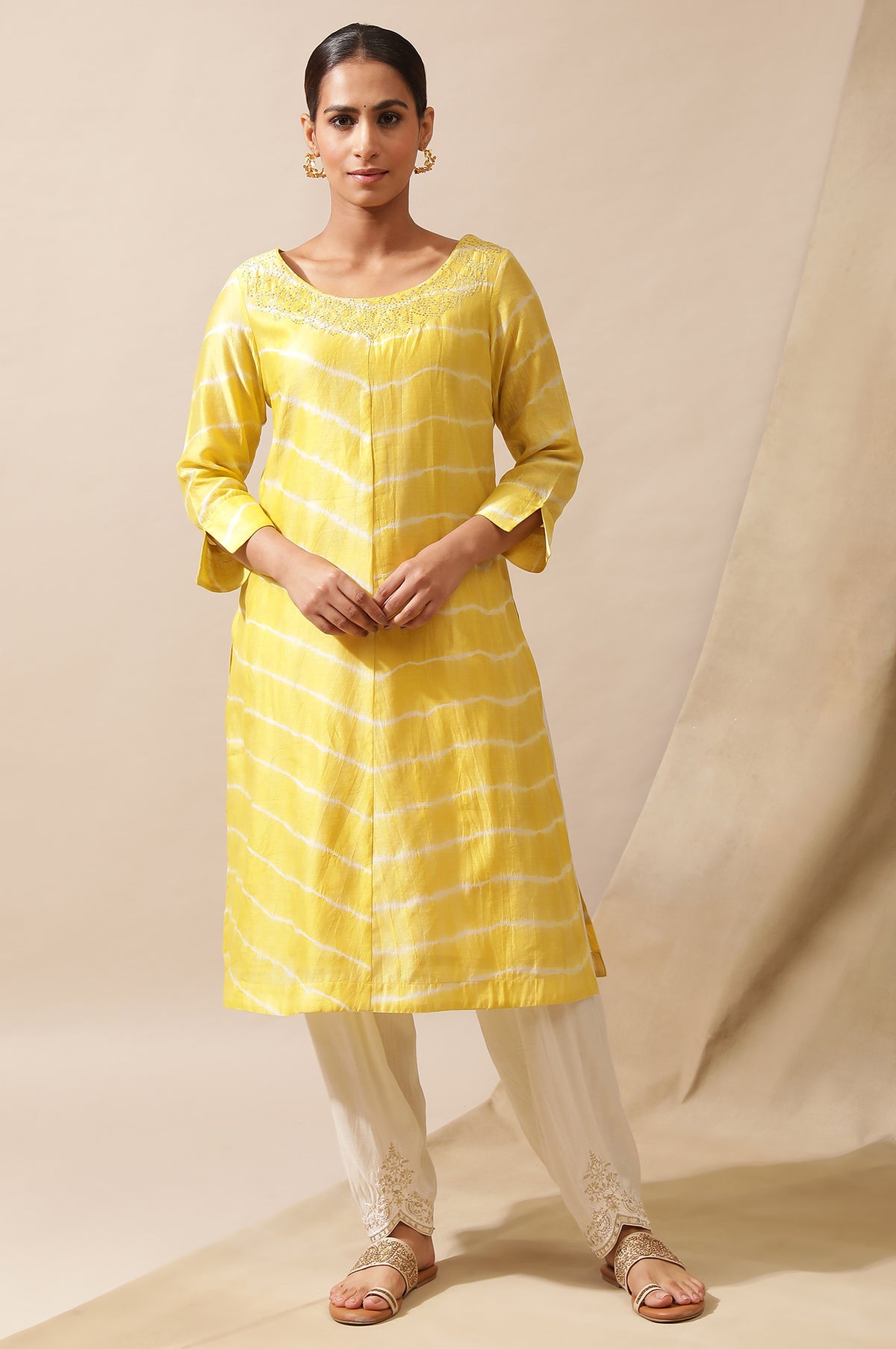 Yellow Cotton Silk Lehariya Kurta With Mukaish Embroidery - XS
