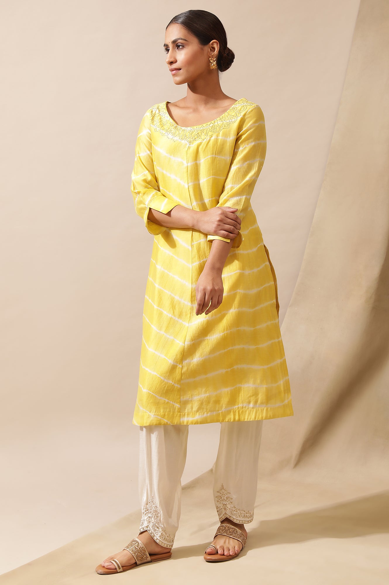 Yellow Cotton Silk Lehariya Kurta With Mukaish Embroidery