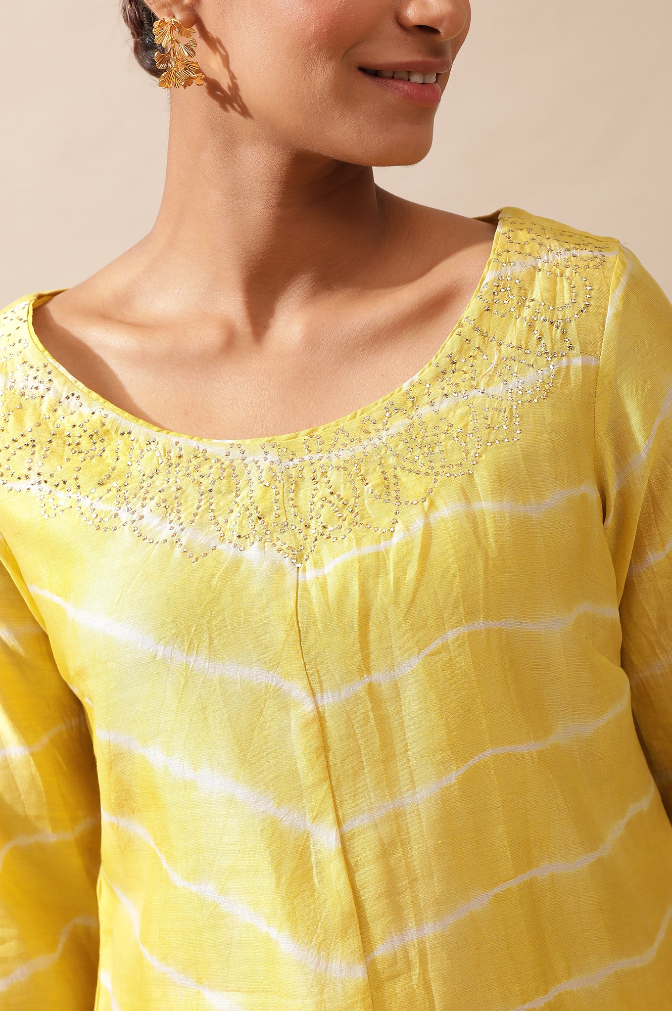 Yellow Cotton Silk Lehariya Kurta With Mukaish Embroidery