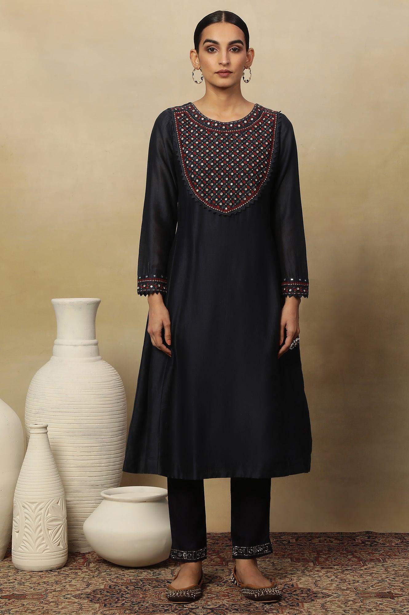 Dark Blue Embroidered Cotton Silk Kurta - wforwoman