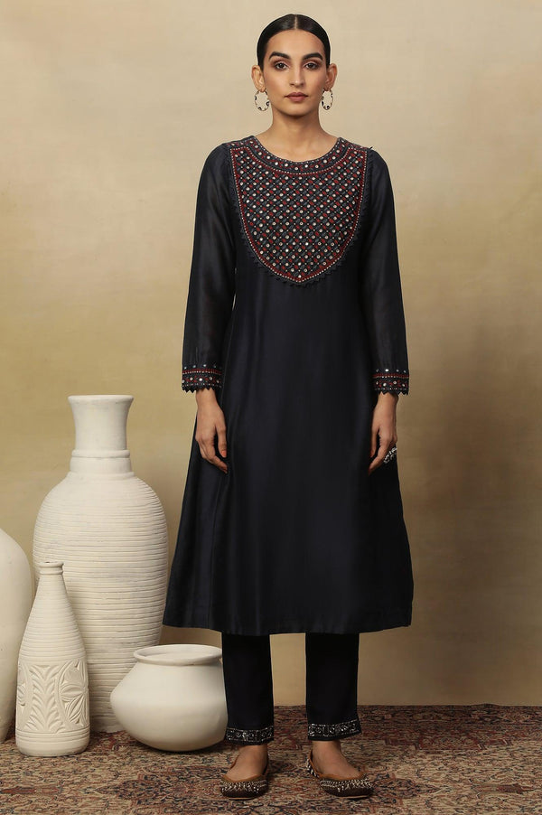 Dark Blue Embroidered Cotton Silk Kurta