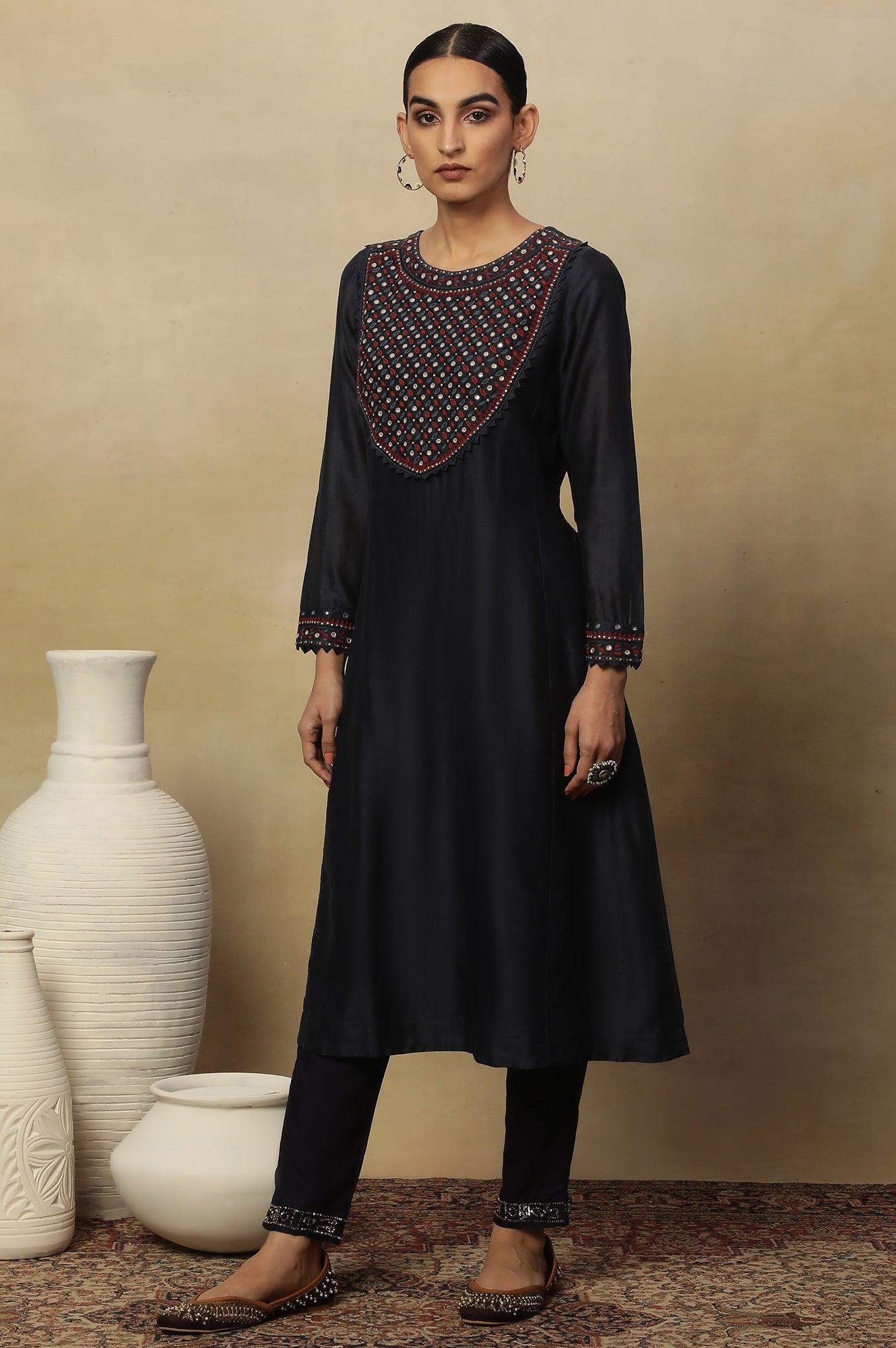 Dark Blue Embroidered Cotton Silk Kurta - wforwoman